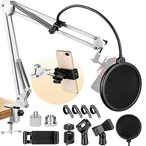CAHAYA Microphone Arm Stand Suspension Boom Scissor Phone Stand with Pop Filter 2 Mic Clips and 3/8" to 5/8" Adapter Adjustable Suspension Boom Scissor Microphone Stand White