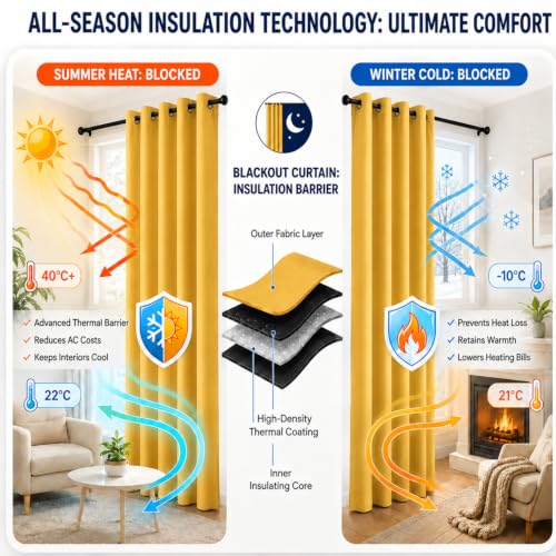 Image of 100% Blackout Window Curtains, 7 Feet, Solid Design, Faux Silk, Thermal Insulated, Noise Reducing Eyelet Door Curtain with Tie Back for Living Room & Bedroom, 115x210cm, Pack of 1 - Yellow