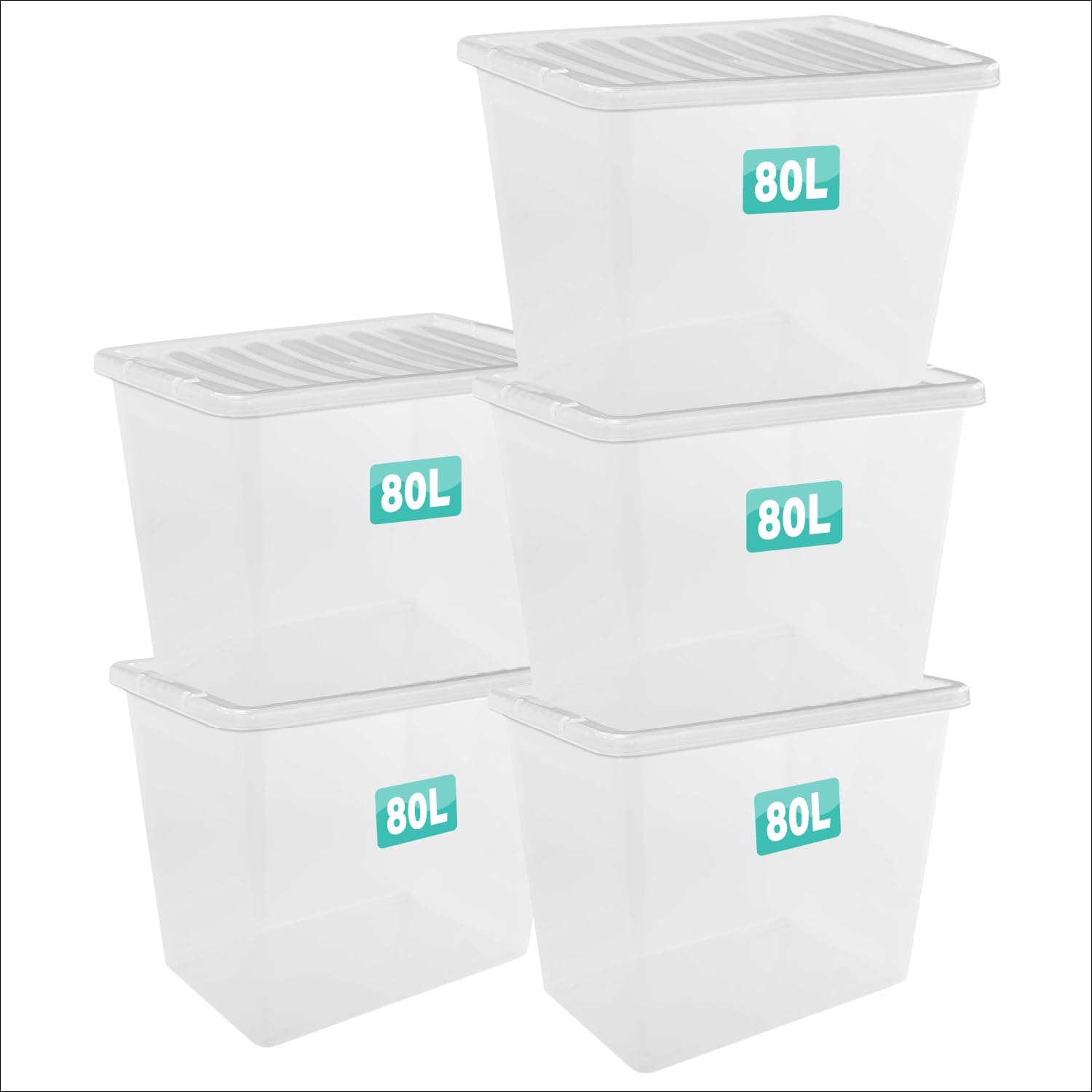 Optimal Products 5 x 80 Litre Clear Plastic Storage Box With Lids UK BRITISH MADE Home Office Stackable Transparent Plastic Boxes, Size 5,11,24,28,35,45,62 Litre