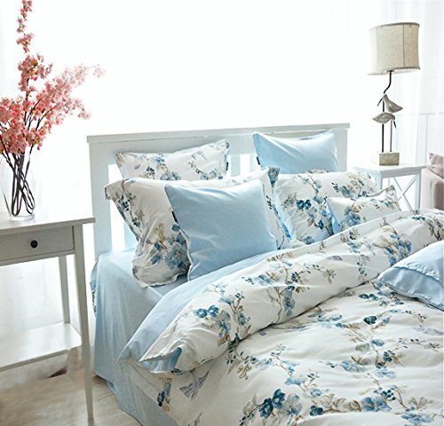 Eikei Garden Chinoiserie Floral Duvet Quilt Cover Asian Porcelain Style Tree Blossom and Birds Blue and White Watercolor Pattern 300tc Cotton Percale 3pc Bedding Set (Queen, Blue)