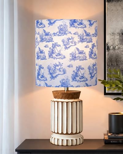 Image of Homesake Wooden Table Lamp | Handcrafted Bedside & Living Room Lamp | Bulb Included | Warm Light | Desk Nightstand Light, Decor Lamp for Bedroom, Study & Home Decor, (KD Blue Printed Drum)