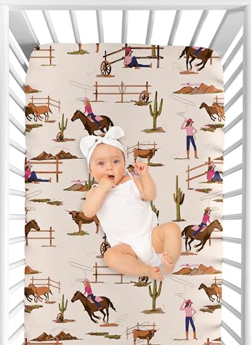 Image of Sweet Jojo Designs Western Cowgirl Girl Baby Fitted Crib Sheet Infant Newborn Nursery Toddler Bed Room Standard Mattress Wild West Vintage Country Retro Animal Horse Southwest Beige Brown Pink Blue