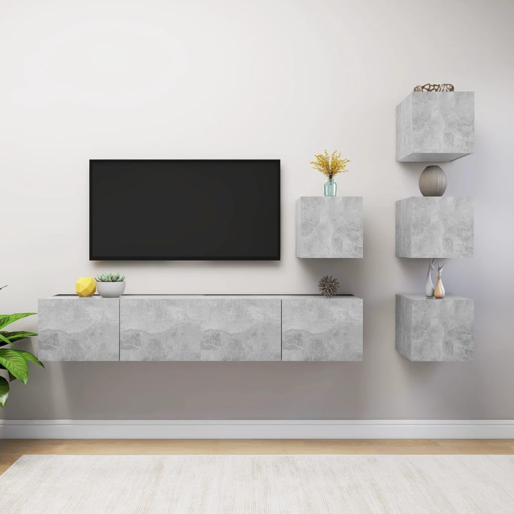 6-TLG. TV-Schrank-Set Betongrau Holzwerkstoff, Modernes Wohnzimmer Media Center, Hängende Konsole für DVDs, Langlebige Aufbewahrung
