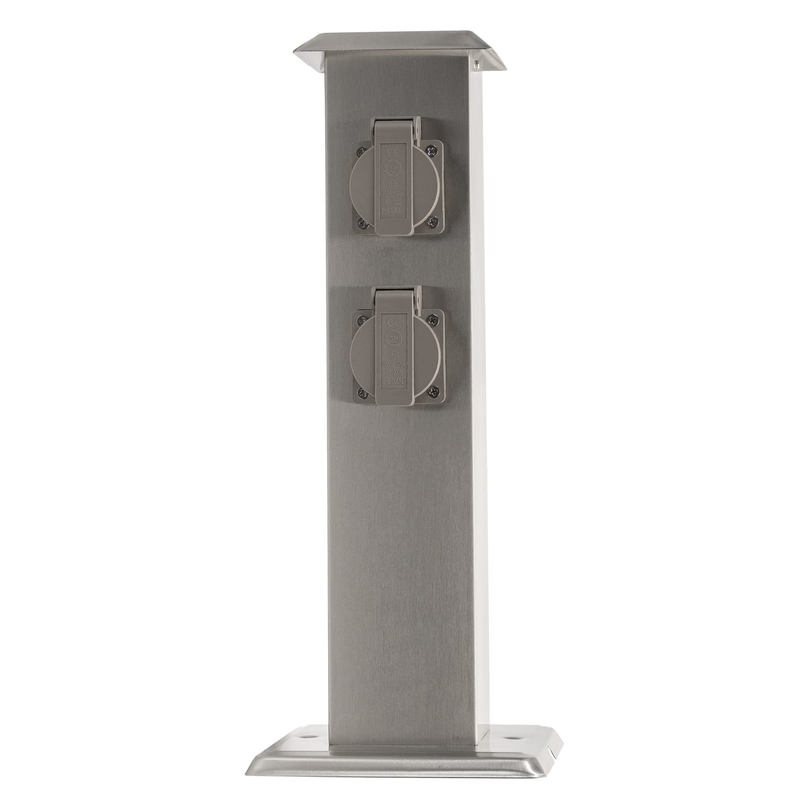 Grafner Edelstahl Gartensteckdose mit 4 Steckdosen, IP54, eckig, Klarlack-Beschichtung, Energiesäule Mehrfachsteckdose Outdoor Metall Außensteckdose 4-Fach