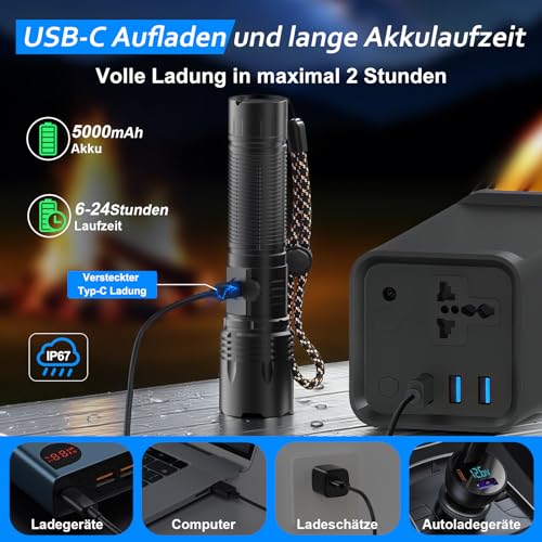 Taschenlampe LED Extrem Hell USB C Aufladbar 50000 Lumen 24 Stunden Akkulaufzeit Taschenlampen Zoombare Torch mit 5 Lichtmodi IP67 wasserdicht, Akku Flashlight Taktische für Camping Wandern Notfäll