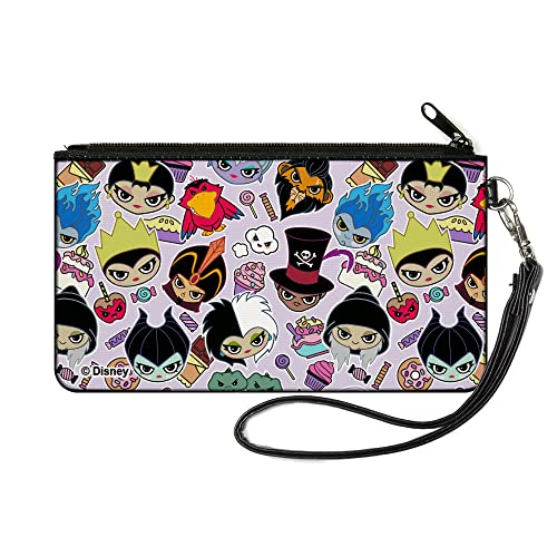 Buckle-Down Disney Wallet, Zip Pouch, Disney Sweet Chibi Villain Faces and Icons Collage Lavender, Canvas