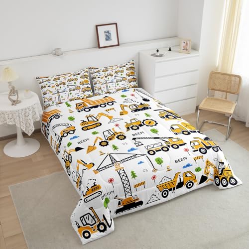 Image of Feelyou Construction Truck Bedding Set Kids Boys Cartoon Excavator Vehicle Tractor Cars Comforter Set Twin Size Machinery Equipment Duvet Insert Yellow Decor