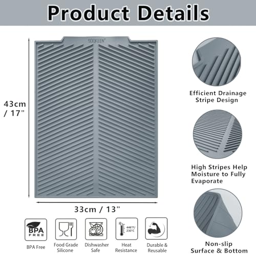 SOQKEEN Silicone Drying Mat 17"x13" Dishes Drainer Mat with Grooves Non-slip Heat Resistant Draining Mat Collapsible Kitchen Dryer Dish Pad Fruits Drainer Mat for Sink Counter Worktop(Light Gray) by SOQKEEN - Used condition - Image 3