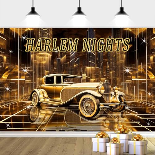 10x8ft Harlem Nights Backdrop Photography Background, Roaring 1920's Banner Black Gold Vintage Music Themed Speakeasy Backdrop Banner Wedding Retro Jazz Decor Party Supplies