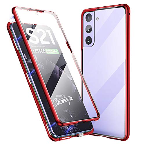 Compatible with Samsung Galaxy S21 Case, Jonwelsy 360 Degree Front and Back Transparent Tempered Glass Cover, Strong Magnetic Adsorption Technology Metal Bumper for Samsung S21 (Red)