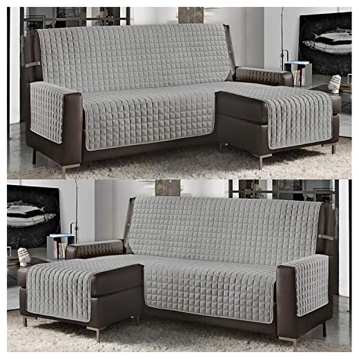 Banzaii Funda de Sofá Cubre Chaise Longue Acolchada Lisa 4 Plazas (290 cm) con Chaise Longue Izquierda/Derecha Gris Claro