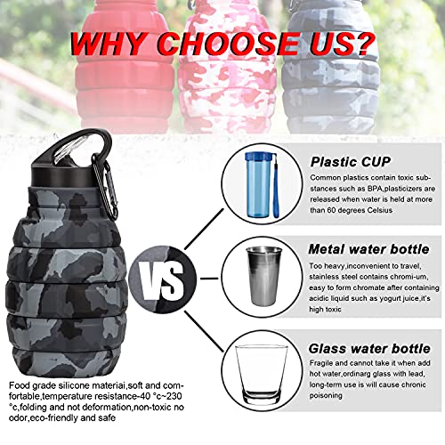 Image of Collapsible Travel Water Bottle19.6 oz, Reuseable Silicone Foldable Water Bottles for School, Office, Gym, Camping,Hiking,Portable Leak Proof Sports Water Bottle with Carabiner (Dark gray camouflage)