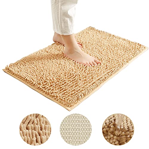 iMeshbean Badematte Badezimmerteppich, rutschfeste Chenille Badteppich Waschbar Badevorleger Duschvorleger Weiche Dicke Teppich für Badewanne, Badezimmer(50 x 80 cm, Khaki) Cover