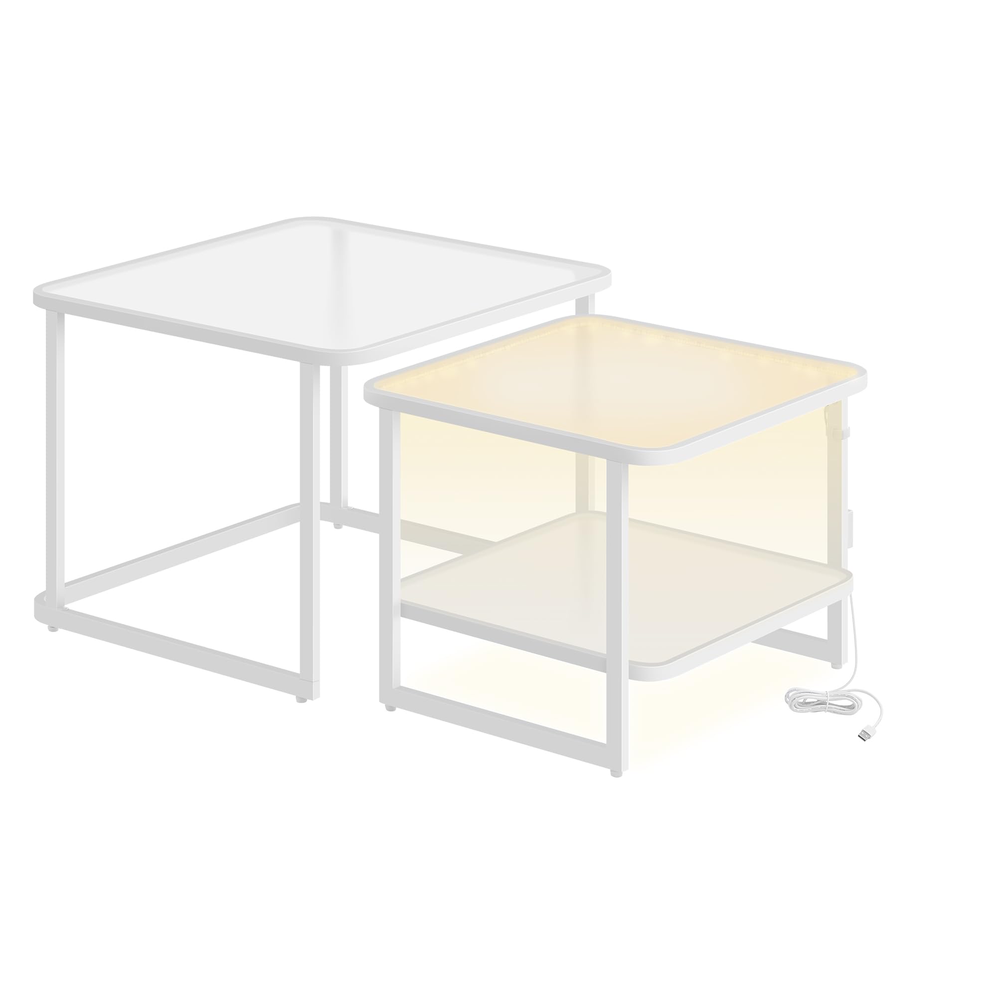 VASAGLE Mesas de Centro, Juego de 2 Mesas de Café con Luces LED, Mesas Auxiliares Cuadradas Modernas Encajables, Cristal Templado, para Salón, Dormitorio, Blanco Nube y Blanco Perla LCT246W01