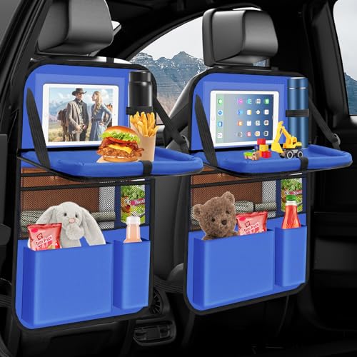 Image of Car Organiser, Pack of 2 Car Seat Organiser, Large Backrest Protection, Car, Children, Multifunctional, Waterproof, Back Seat Organiser with Folding Table, Tablet Bag and Many Pockets, Blue