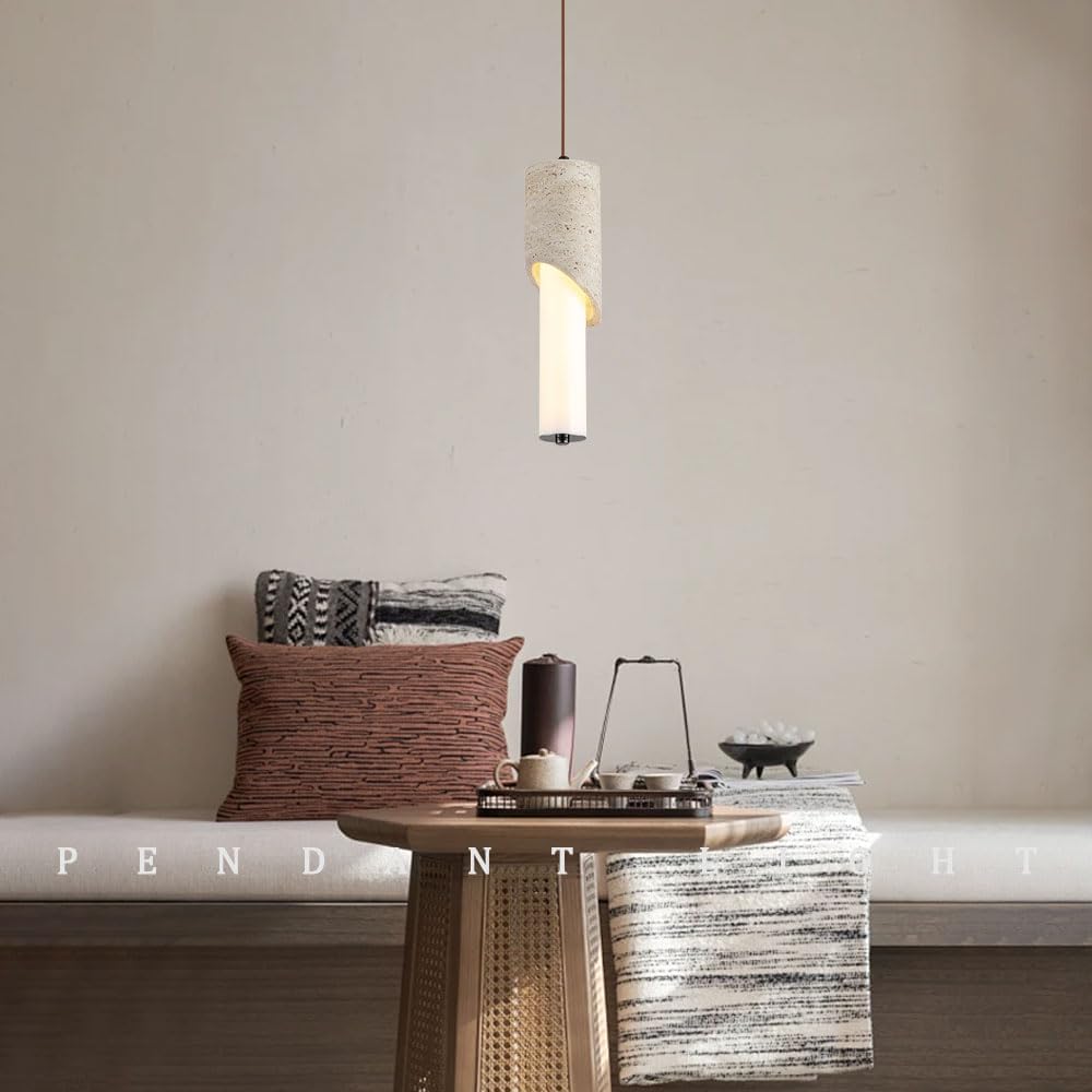 Yellow Travertine Pendant Light, 11.8" Wabi Sabi Pendant Light with Inclined Half Cylinder Stone Lampshade, Nordic Style Concrete Hanging Lamp Fixture for Bedroom Living Room Kitchen Lighting