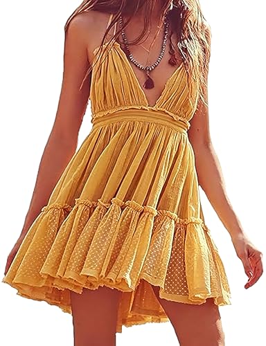 Image of ForeMode Summer Deep V Neck Bohemian Women Mini Short Dress Backless Beach Boho Dress
