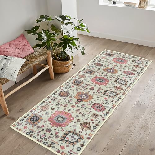 artyrugs Tappeto Lavabile in Lavatrice, 60x180cm, 75% Cotone Riciclato, Pelo Corto, Fondo Antiscivolo, Tappeti per Camera da Letto, Cucina, Corridoio, Ufficio, Corridoio, Avorio & Rosa