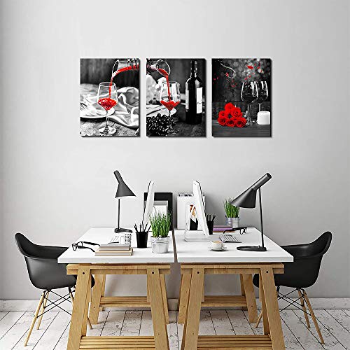Kitchen Wall Art For Dining Room Wall Decor Still Life Black And White Canvas Art Prints Wine Barrel Bar Red Rose Painting Modern Family Wall Decorations Restaurant Bedroom Decor Artwork 3 Piece Set #TOP4
