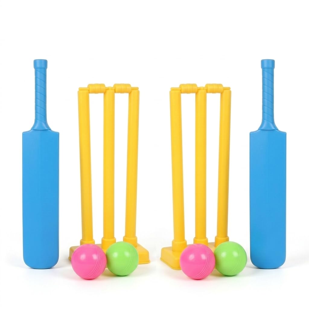 Okeio Kids Cricket Set, Plastic Cricket Bat and Ball Set for Children, Complete Garden & Indoor Cricket Game Toy, Lightweight Outdoor Sports Kit with Bat, Balls, Stumps & Base for Boys & Girl (2PCS)