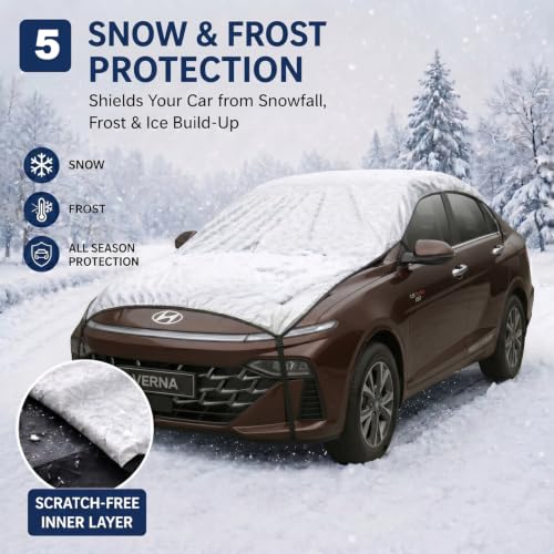 Image of Pivalo Half Car Body Cover for Sedan Cars (All Models & Years) | 100% Waterproof Outdoor UV & Heat All Weather Protection | Triple Stitched 3 Layer with Adjustable Straps Cover (Reflective Silver)