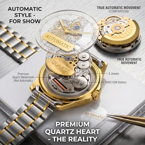 Image of Premium Skeleton Style Quartz Watch for Men - Luxury Two-Tone Gold & Stainless Steel Mechanical Look Analogue Wristwatch, Transparent Steampunk Dial, Fashion Dress Watch