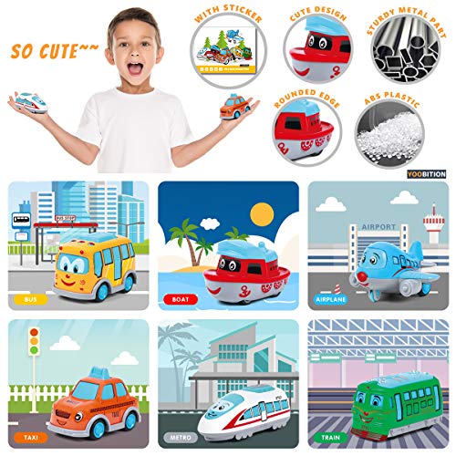 Pull Back Vehicle Toys with Play Mat, Cute Cartoon Pull Back Truck Toy Car for Toddler with Mini Airplane Road Sign, Small Metal Diecast Vehicles Gift for Boys Girls Kids