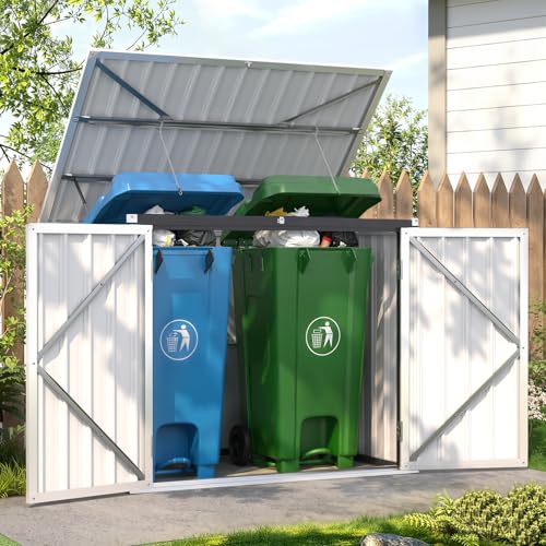 Image of AECOJOY Outdoor Trash Can Storage Shed, 46 Cu.Ft Metal Garbage Bin Enclosure with Lift-Up Lid & Gas Strut, Waterproof Outdoor Garbage Can Organizer, Bike Shed Backyard Patio Garden, White