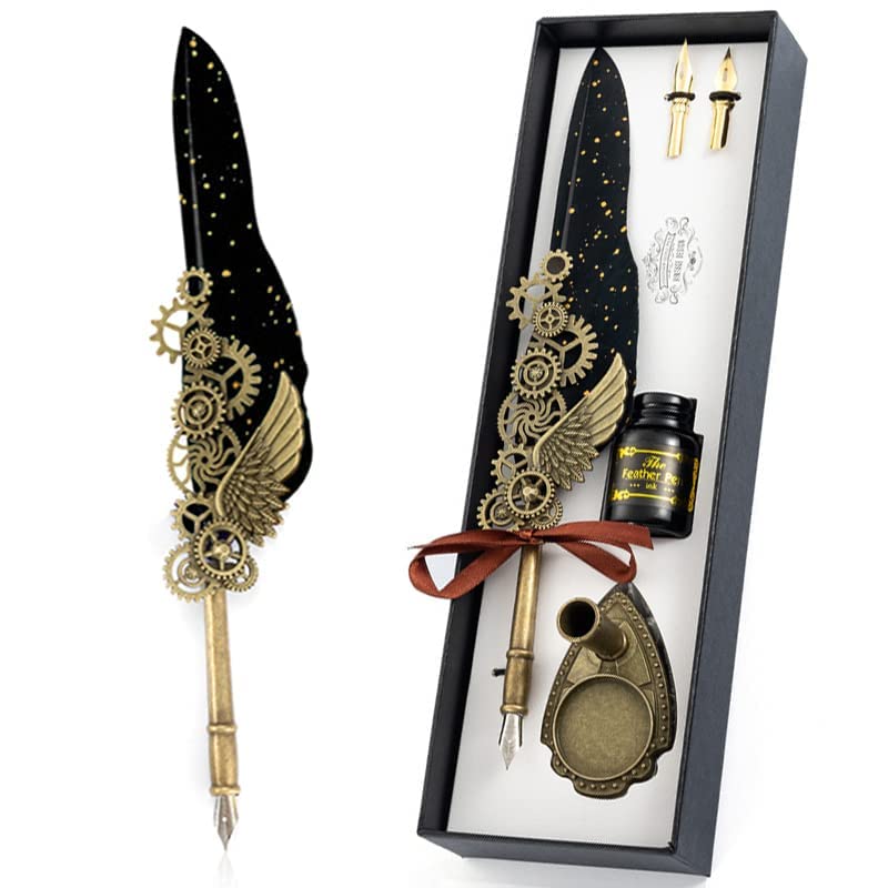Image of Luxury Feather Quill Dip Pen Set with Stand & Black Ink - Vintage Calligraphy Writing Kit with 2 Extra Nibs - Elegant Signature Pen Gift for Kids, Writers & Artists (Ink Feather Pen Black)