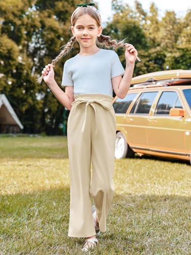 Image of Haloumoning Girls Wide Leg Pants High Elastic Smocked Waist Casual Flowy Cute Long Trousers