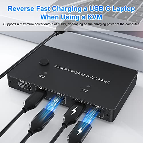 Usb C Kvm Switch 4K@60Hz, Usb C Switcher For 2 Computers Share 1 Hdmi Hd Monitor And 4 Usb Devices, With 100W Power Delivery, Usb-C Switch With Usb-C Cable, Hdmi 2.0 Cable #TOP4