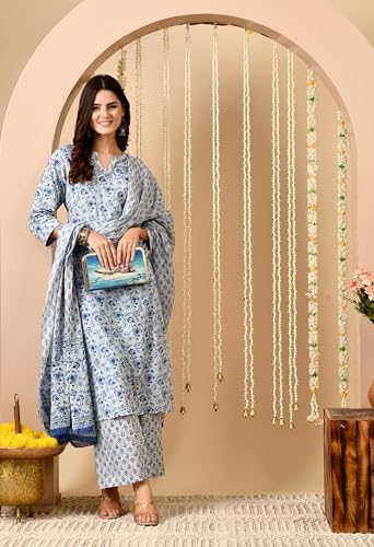 Image of Amazon Brand - Tavasya Women Cotton Anarkali Kurta Pant Dupatta Set | Printed Ethnic Suit Set | Flared Anarkali Kurta with Pant & Dupatta | Festive & Casual Wear