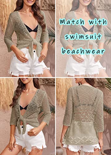 Nulibenna Womens Sheer Shrug Sweaters 3/4 Sleeve Open Front Tie Cardigan Bolero Jacket Lightweight Crochet Knit Cover Up Tops4