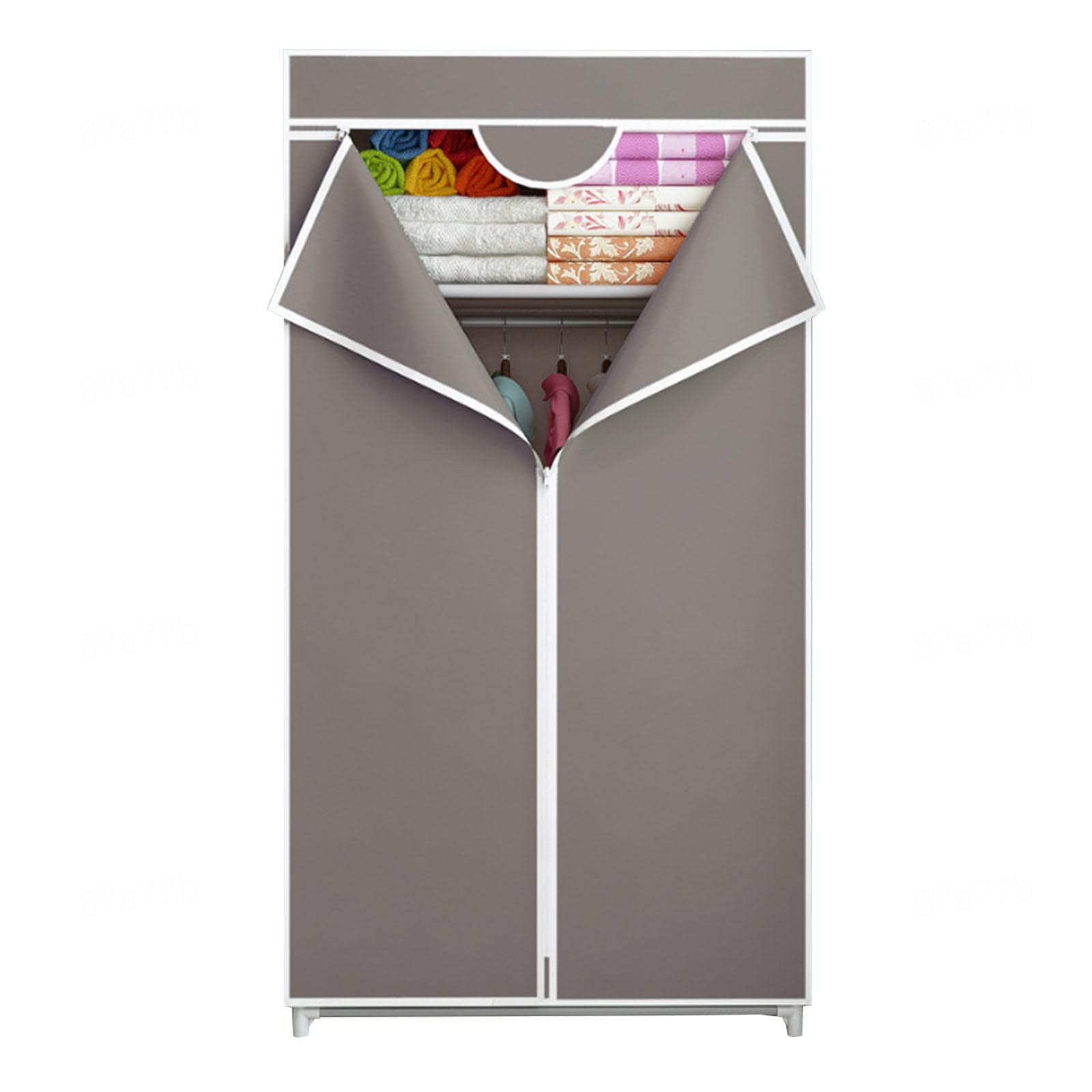Armario de tela marrón de 70 cm con barra para ropa en dormitorio