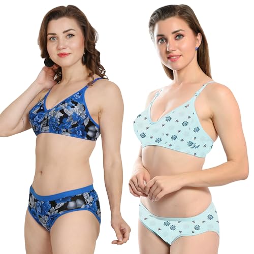 Image of Solid Printed Polka Cotton Bra & Panty Lingerie Set Combo for Women S to 3XL