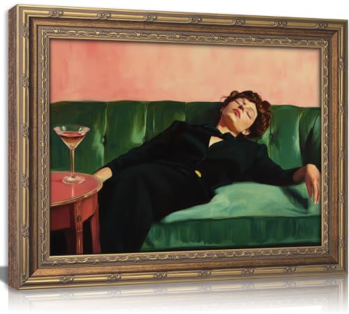 Vintage Gold Framed Bar Wall Art, Victorian Woman and Man on Couch with Martini Oil Painting Canvas Prints, Eclectic Cocktail Picture, Trendy Bar Cart Decor Poster Artwork for Kitchen Dining Room