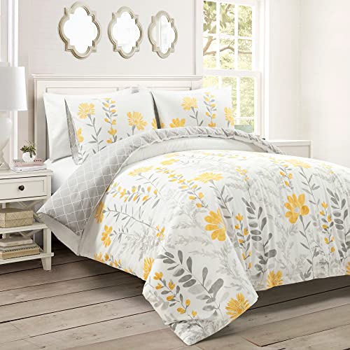 Image of Lush Decor Aprile Reversible Soft Cotton Duvet Cover, 3 Piece Set, Full / Queen, Yellow & Gray - Duvet Covers - Floral Bedding Set - Queen Duvet Cover