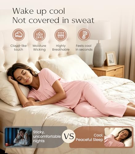 Image of NACHILA Pajamas for Women-Viscose Made from Bamboo,Short Sleeve Sleepwear Cooling Pjs Top Ladies Soft Capri Pants Pajama Sets