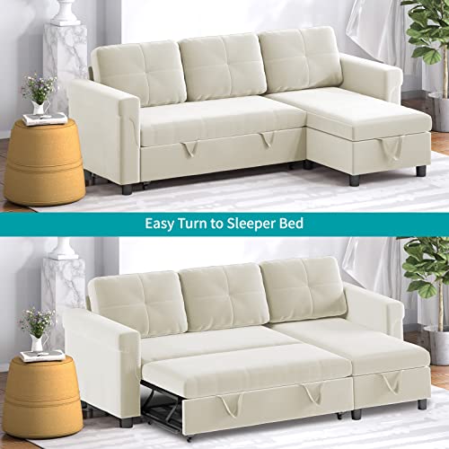 Balus L-Shape Reversible Dutch Velvet Sleeper Sectional Sofa With Storage Chaise, Pull Out Sofa Bed, Corner Couch With Arms For Living Room, Home Furniture, Apartment, Dorm (Beige) #TOP5