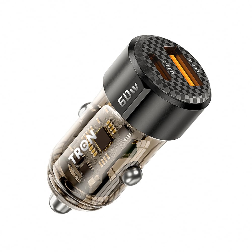 TRON 60W Dual Port Fast Car Power Adapter (30W PD USB-C + 30 USB-A) Transparent Kompakt Zigarettenanzünder Ladegerät für iPhone, Samsung, Android - Braun Schwarz -TR13