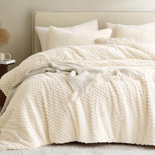 Petrichor Juego de edredón esponjoso tamaño individual, edredón grueso de franela blanca crema ultrasuave para cama Queen, juego de ropa de cama cálido de lujo para invierno y otoño, juego de cama