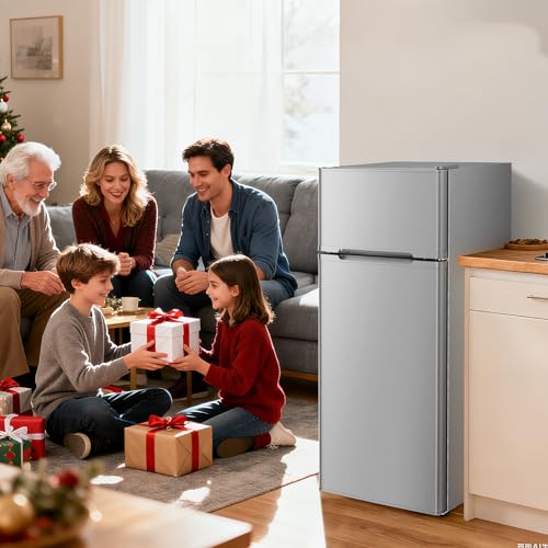 Image of Antarctic Star 4.5 Cu.Ft Compact Refrigerator,Mini Fridge With Freezer,Double Door,Adjustable Removable Glass Shelves for Dorm,Office,Kitchen,GREY
