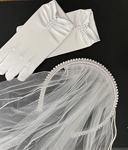 First Communion Double Row Pearl Headband Veil and Gloves Set by Bonnie Jean, White, one size fits all