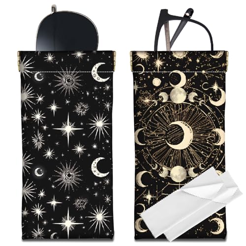 Image of CREATCABIN 2Pcs Black Glasses Case Slim Leather Sunglasses Case Bags Moon Star Eyeglasses Holder Pouch Travel Portable Squeeze Waterproof with Soft Cleaning Cloth Gift for Women Men Halloween 7x3.5in