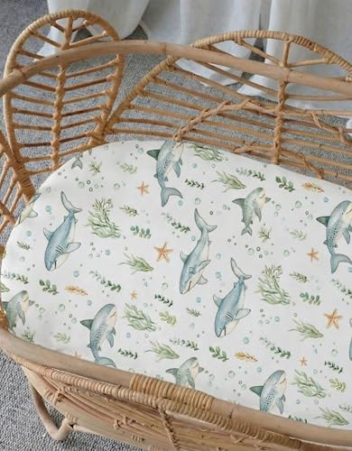 Image of Bedside Bassinet Sheets 2 Pack, 33 x 20 Fitted Bedside Sleeper Sheets, Ultra Soft Breathable Polyester, Ideal for Baby Girl or Boy and Newborns (Turtle & Shark, Bedside Sleeper Sheet)