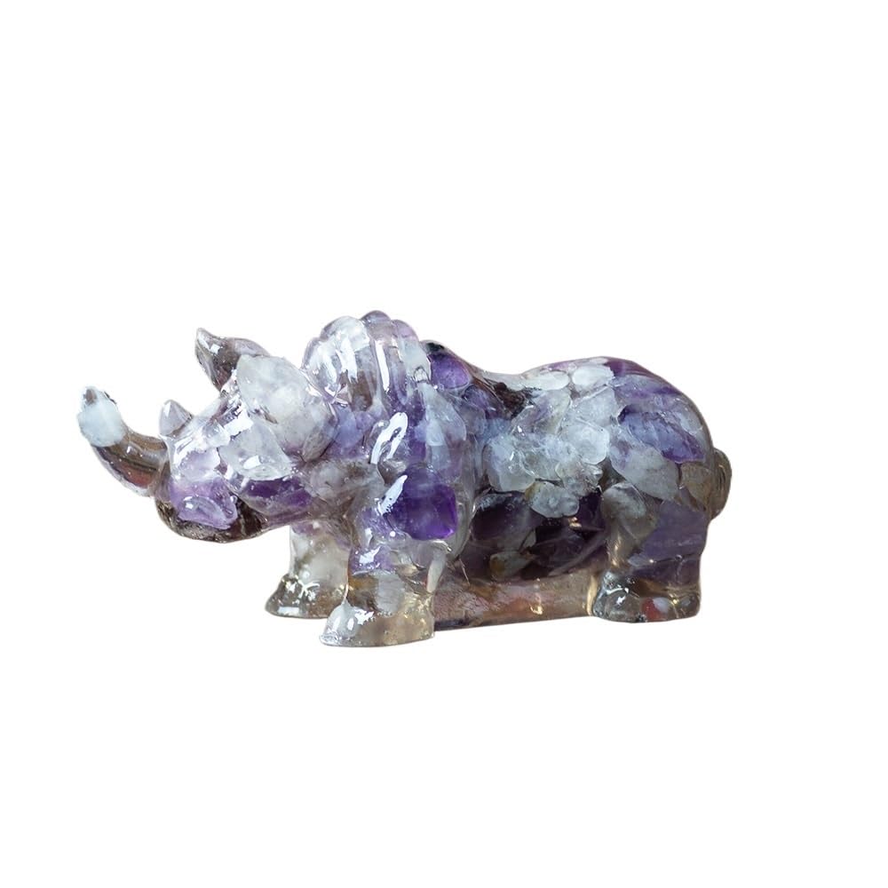HUFFA Natural Crystal Rhinoceros Figurine - Resin-Filled Wealth Attractor for Home Decor(Fantasy purple)
