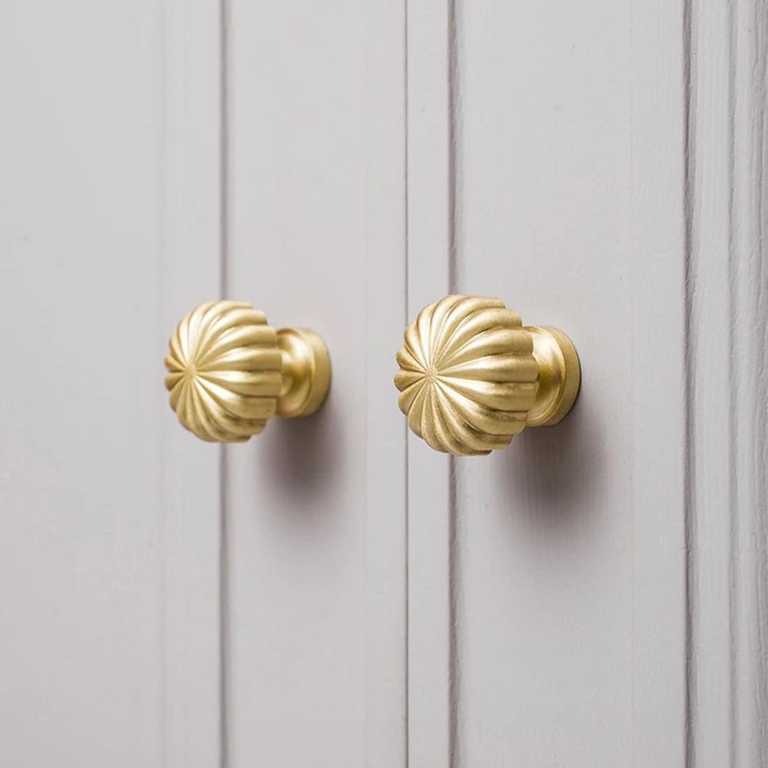 Brass Cabinet Knob Pumpkin Knob, Copper Drawer Knobs Round Handles Antique Gold Knobs for Kitchen Bathroom Cabinet Door Drawer, 2 Pack