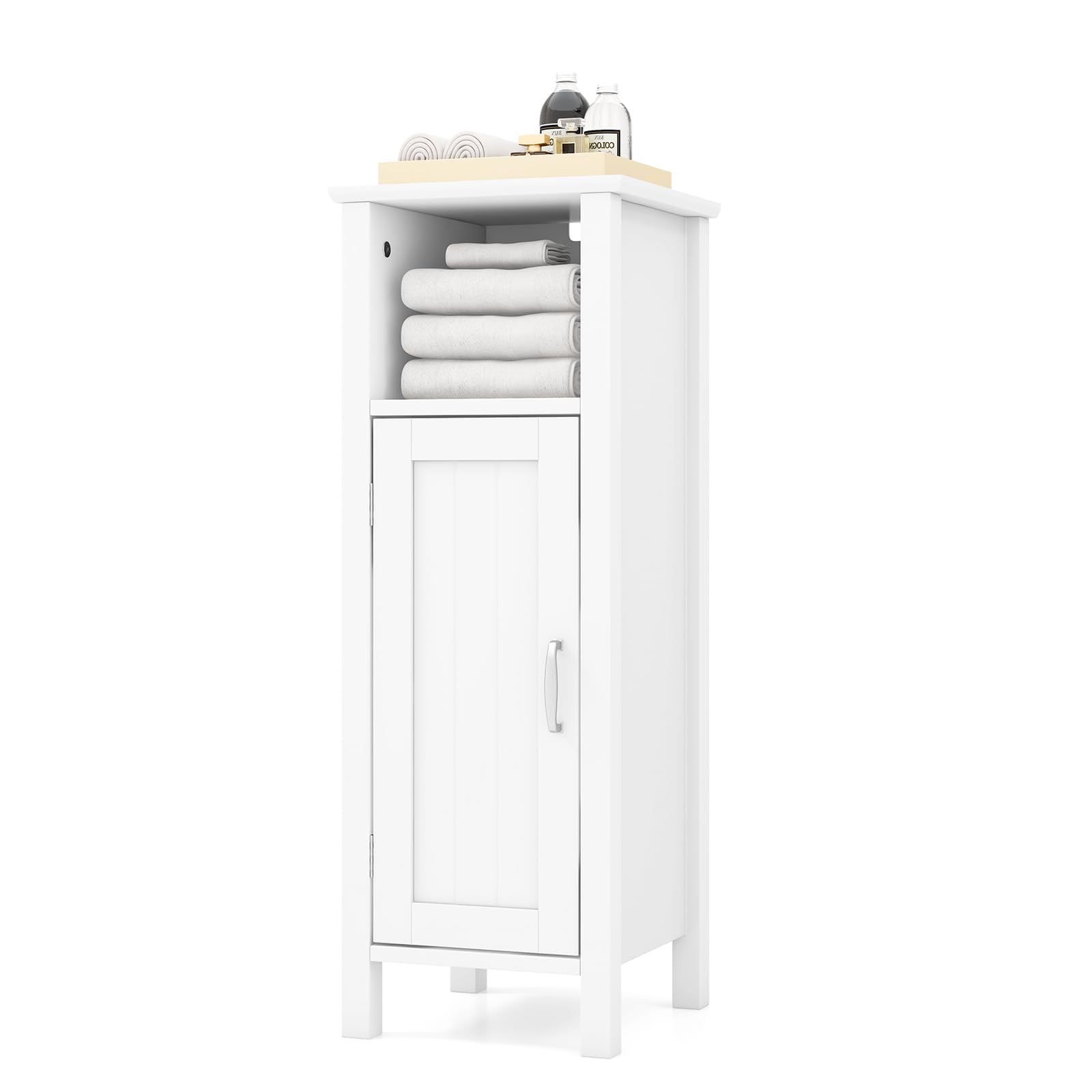 LIFEZEAL Armario de baño, 30 x 30 x 80 cm, Armario de Suelo Independiente con una Puerta y Compartimento Abierto, Estante Ajustable, Mueble de Esquina para baño, salón (Blanco)