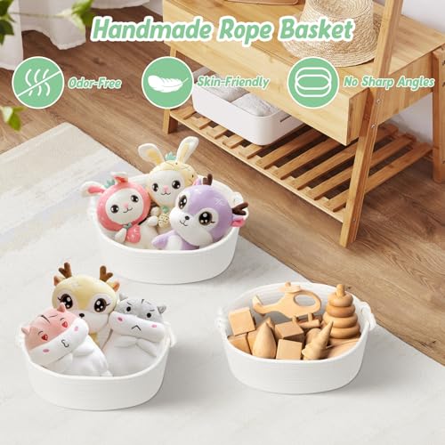 Image of Small Rope Storage Baskets for Organizing - Off White Cotton Rope Organizer Basket - Empty Gift Basket - Woven Baskets Cute Toy Storage Bin for Nursery, Shelves, Closet - 3 Pack
