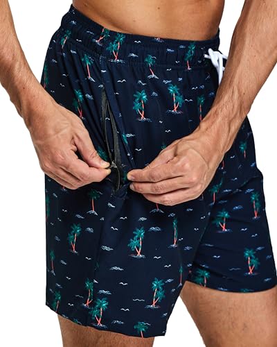 Image of Mens Swim Trunks Compression Liner No Mesh Swimming Trunks Men Swimwear Quick Dry Above Knee Zipper Pocket Swim Shorts